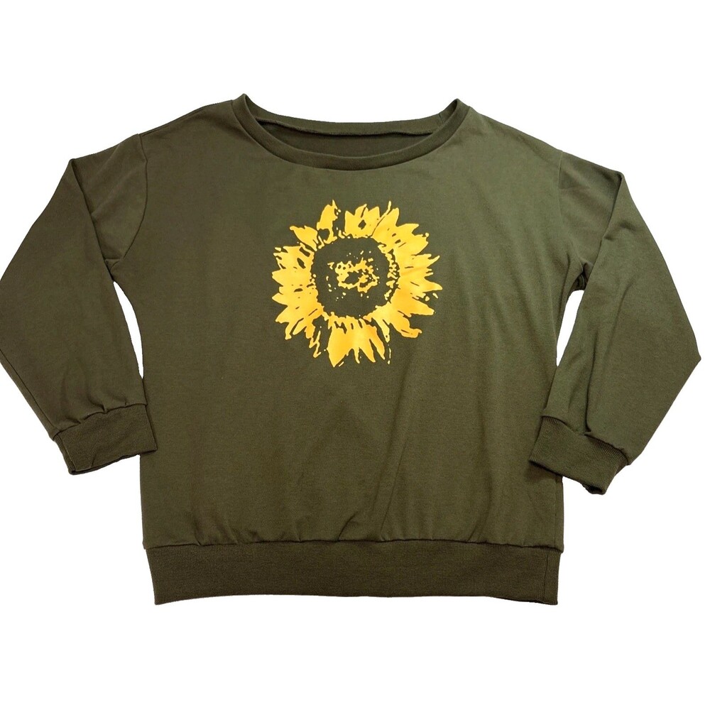 Sunflower Graphic on Green Crewneck Sweatshirt T Shirt Long Sleeve Womens Large
